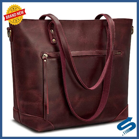 Large Genuine Leather Tote with Laptop Compartment & Adjustable Strap